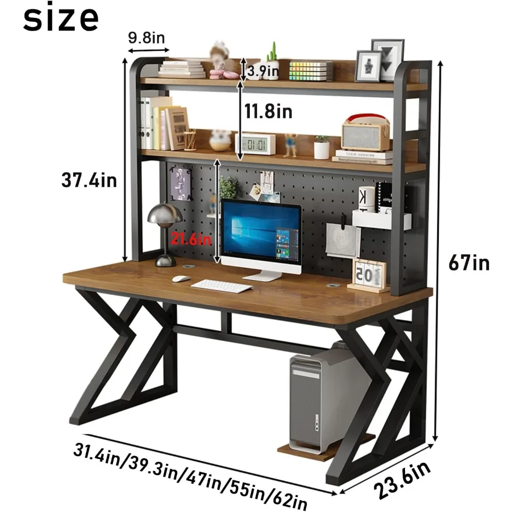 Desk with Shelves, PC Gaming Desk with Metal Pegboard, Small Gtracing  of Thickened Desktop, Home Office