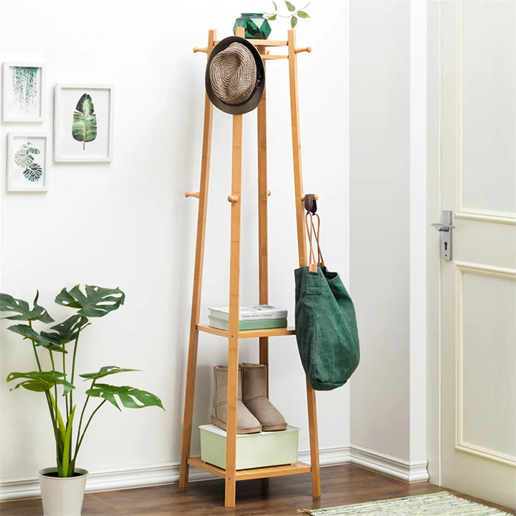 

3 Layer 8 Hooks Shelf Clothes Coat Hat Rack Tree Stand Bamboo Hanger Organizer Room Storage Shelves