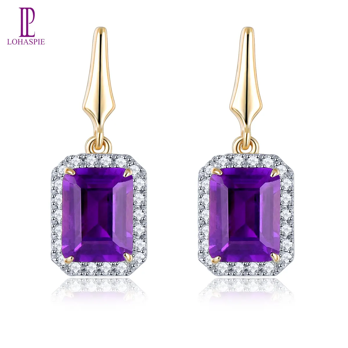 Lohapsie Natural Amethyst Stud Earrings Real 14K Yellow Gold 3.7 Carats Genuine Gemstone Romantic Luxury Style Fine jewelry