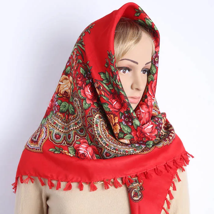 90*90cm Vintage Print Square Hijabs for Women Traditional Tassel Shawl Scarf Cotton Blend Headscarf Windproof Turban