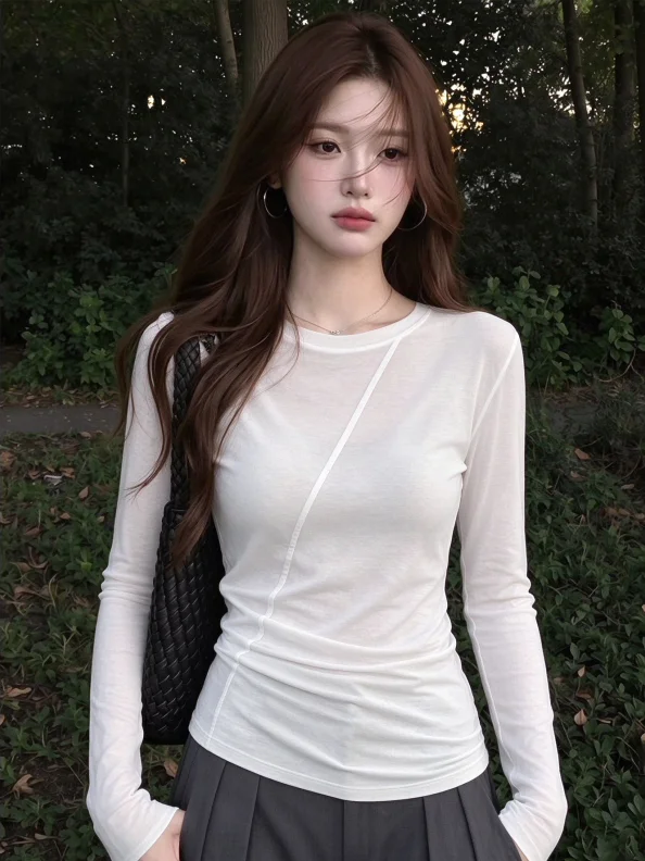 Korean Style Irregular Fishbone White Long Sleeve Women's T-shirt Autumn Base Layer Shirt Inner Wear Outer Wear Fashionable Top