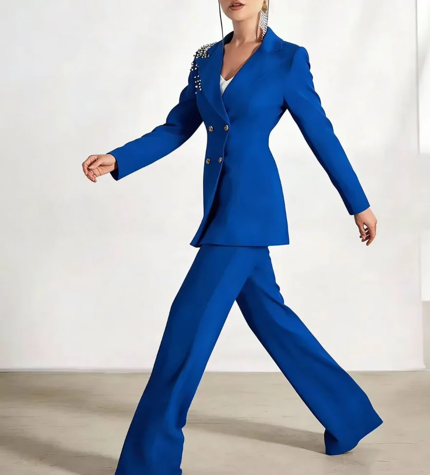 Classic Blazer 2 Pieces Suits Plus Size Pearls Double Breasted Women Wedding Guest Mother Set Customized Party Office Outfit