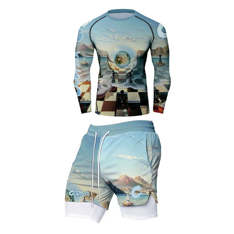 Men's 4Pcs MMA BJJ Compression Set Chessboard Mountain Sea Print Short & Long Sleeve Rash Guard Shorts Leggings