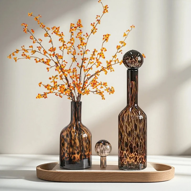 

LH Glass Vase Leopard Print Spots Transparent Flower Vase Covered Storage Tank Terrarium Home Decoration Accessories