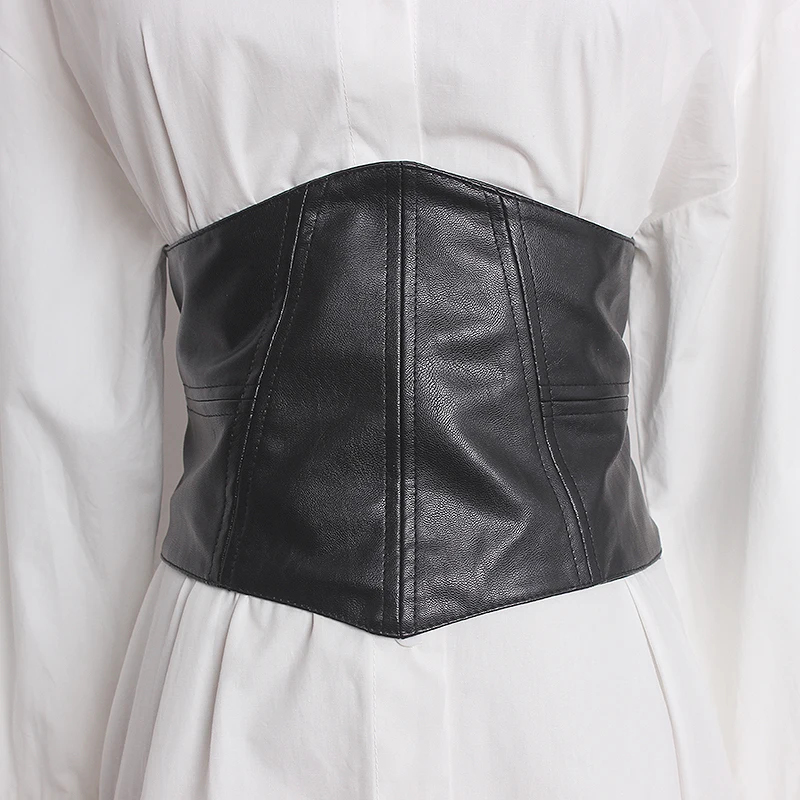 

Women's Runway Fashion PU Leather Elastic Cummerbunds Female Dress Corsets Waistband Belts Decoration Wide Belt TB2527