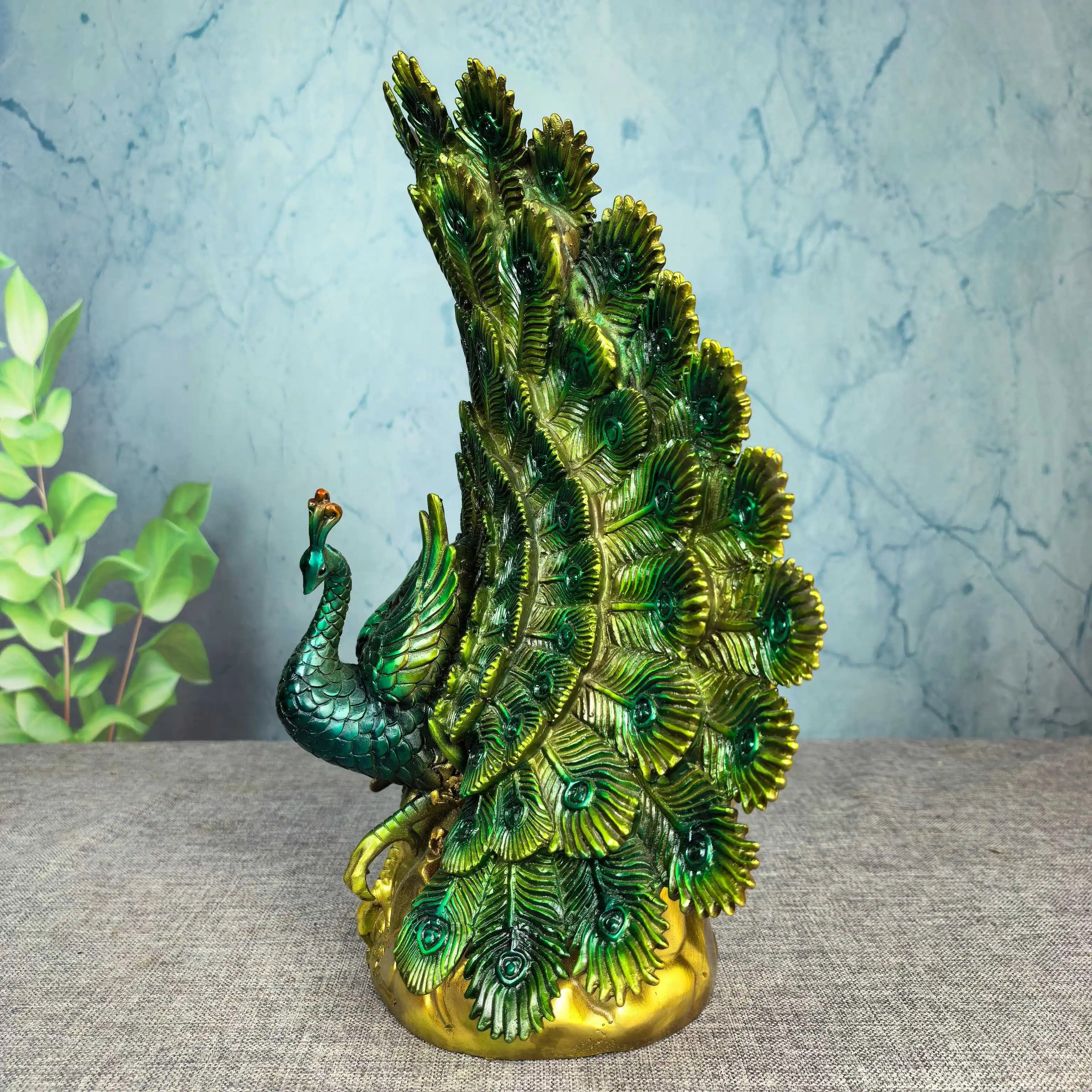 Folk Old Brass Gilded Painted Green Peacock Statue peacock spreading its tail Amass wealth Ornaments Town house Exorcism