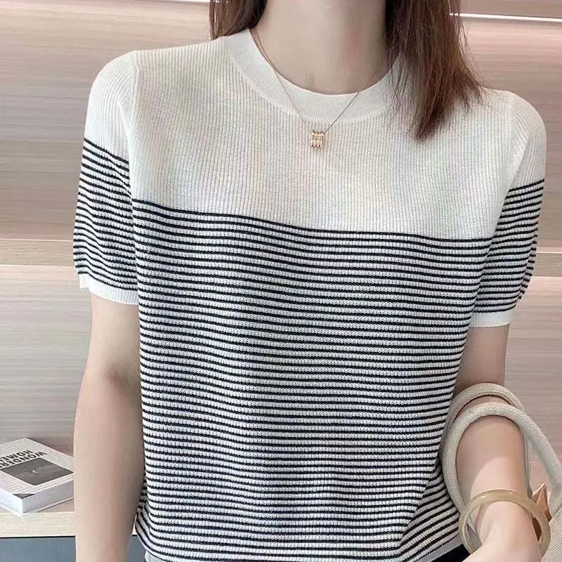 Korean Striped Knitted Pullovers Female Clothing Spliced Short Sleeve Summer Commute Casual Round Neck All-match Loose T-shirt