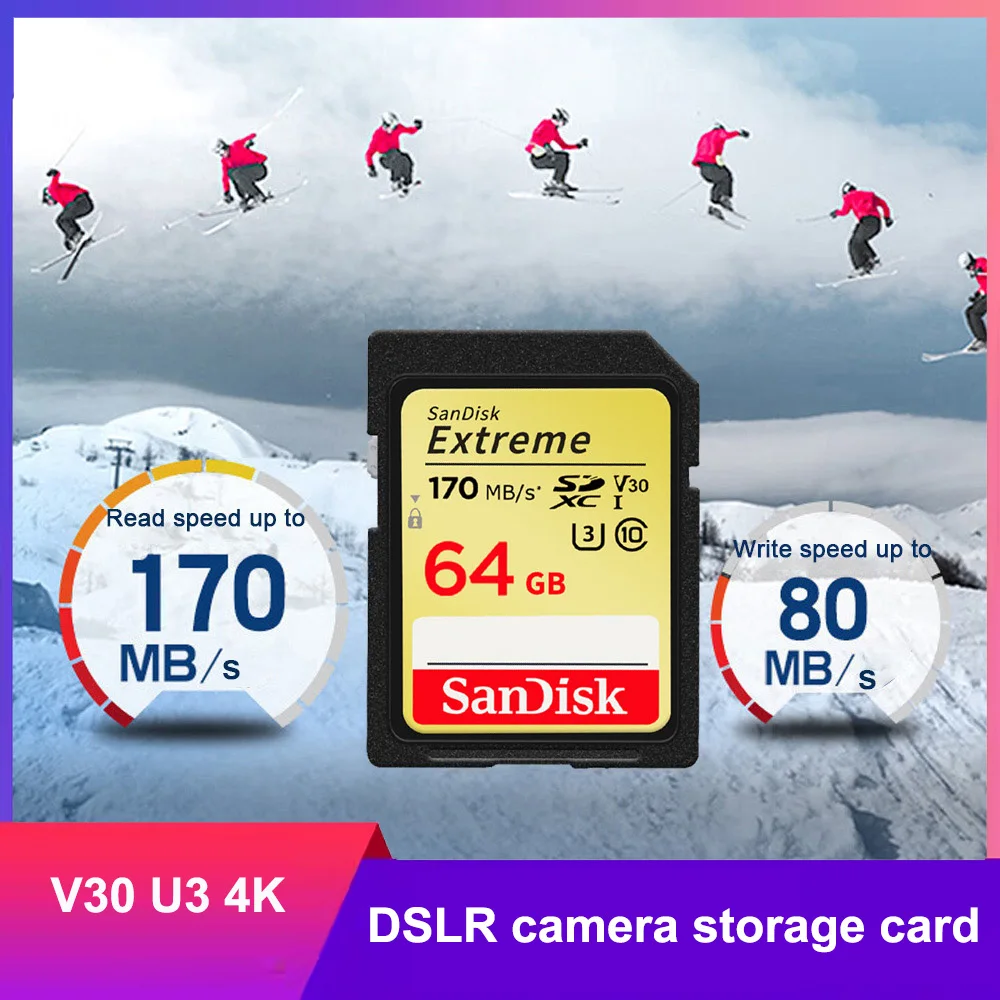 Scheda di memoria SanDisk Scheda SD estrema 4K UHD 32GB SDHC 64GB 128GB 256GB SDXC C10 U3 V30 fino a 180 M/s Per telecamera Full HD 3D 1080p