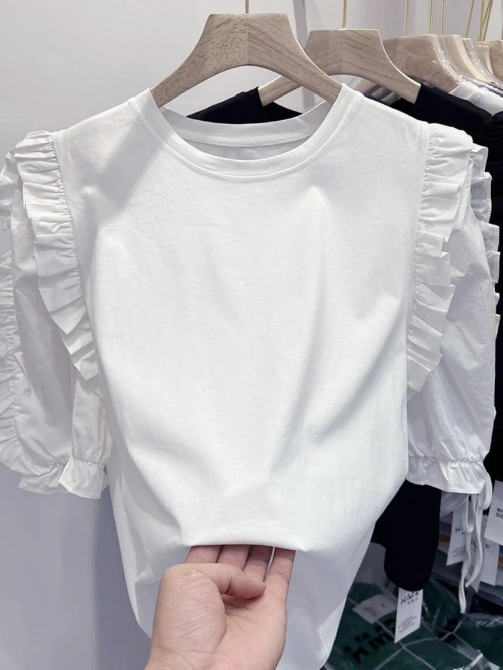 

Женская футболка больших размеров с круглым вырезом и рукавами-фонариками, свободного кроя, летняя, модная, с дизайном под дерево, повседневный топ в корейском стиле