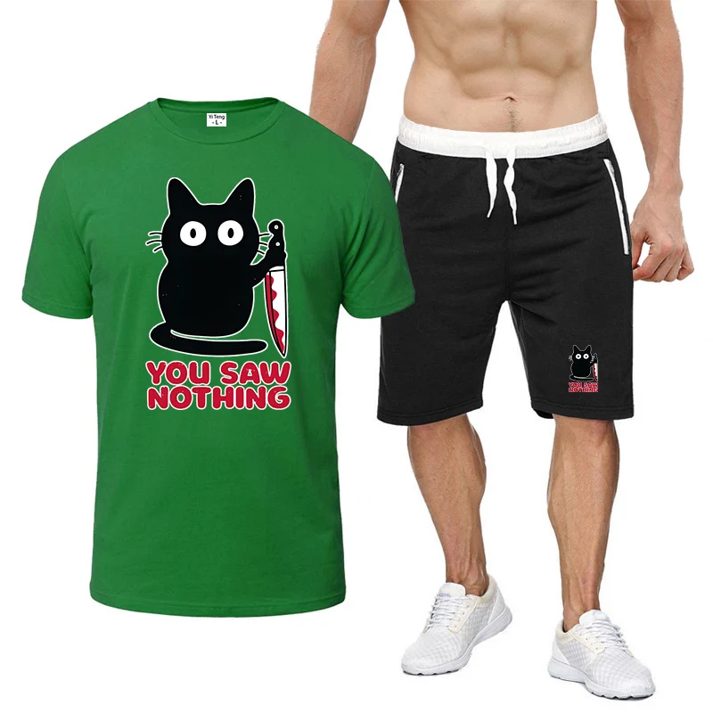 

Забавный кот, ты говори, ничего с принтом, новинка 2025, мужской летний комплект девяти цветов с короткими рукавами, модная футболка + костюм с шортами
