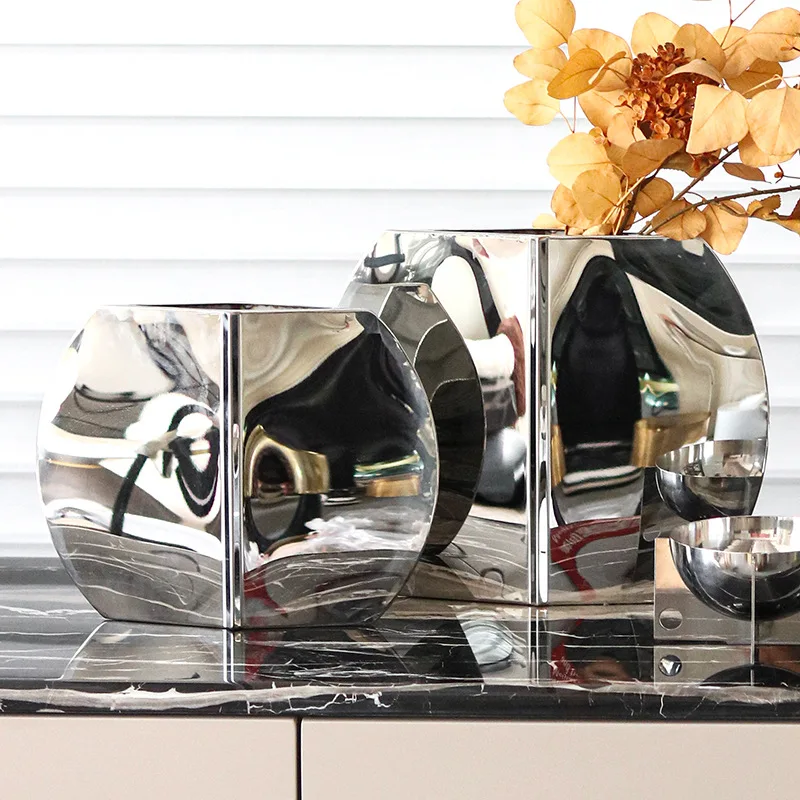 Nordic simple living room ornaments, flower arrangements, vases, stainless steel pot-bellied vases, light luxury model houses, s