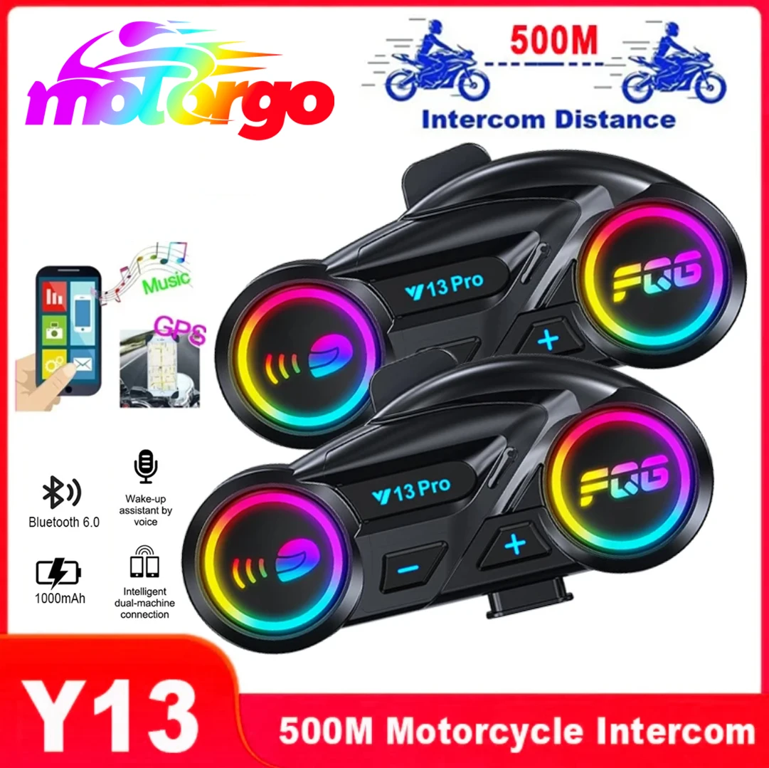 

500 м домофонная гарнитура для шлема, двойной чип Bluetooth 6,0, водонепроницаемый RGB-подсветка, поддержка подключения к домофону сторонней вечеринки