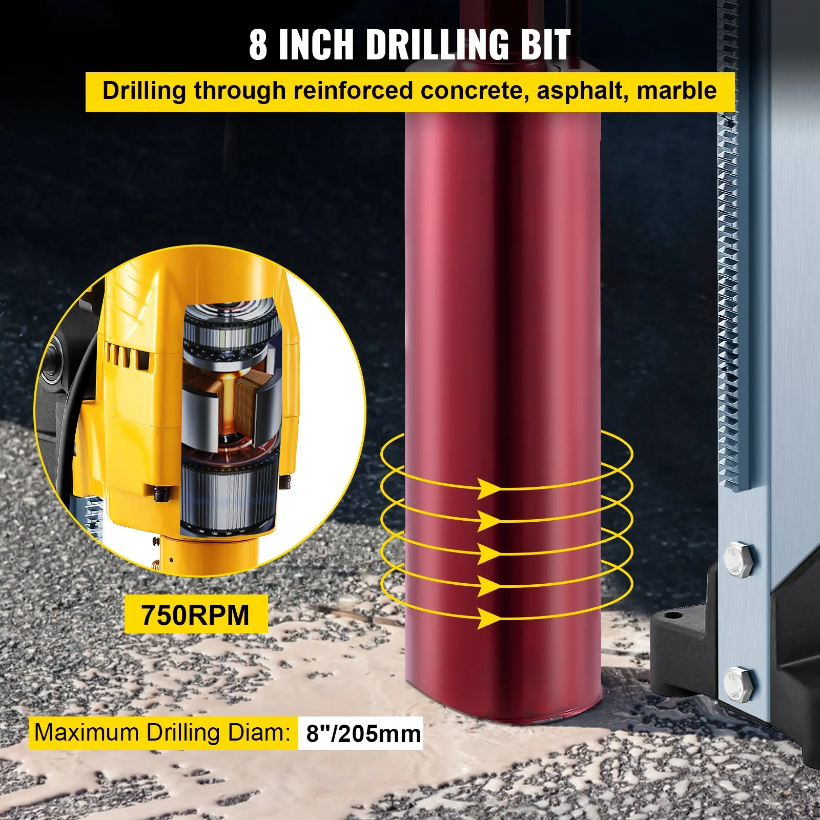 3980W Diamond Core Drilling Machine 8 Inch/205MM Diamond Core Drill Rig with Stand and Drill Bits For Concrete Drilling Boring