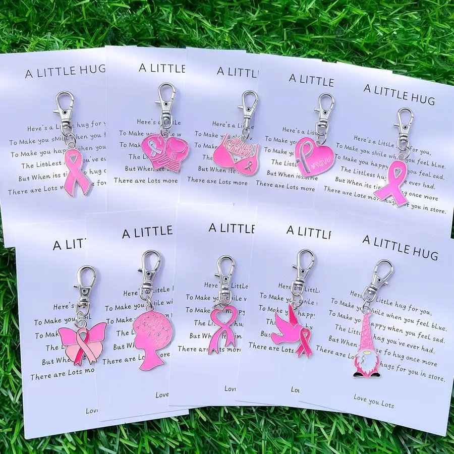 1/5/10/20/50/100pcs 10-Piece Set of Pink Ribbons - Pink Dove, Butterfly, Heart-Shaped Keychain - Pocket Hug - Heart Charity Prom