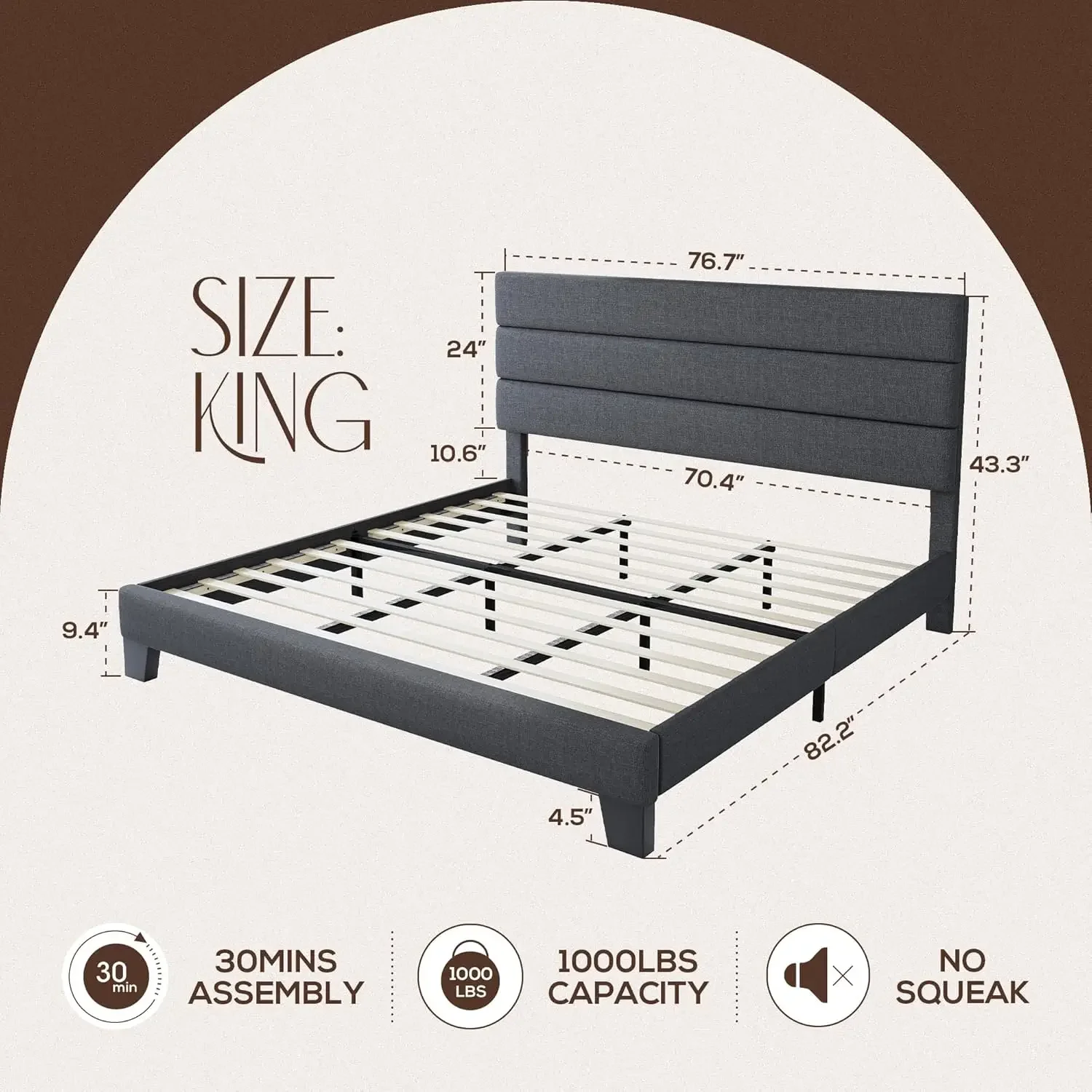 King Bed Frame Platform Bed with Linen Fabric Upholstered Headboard and Wooden Slats Support, Heavy Duty Mattress Foundation, No