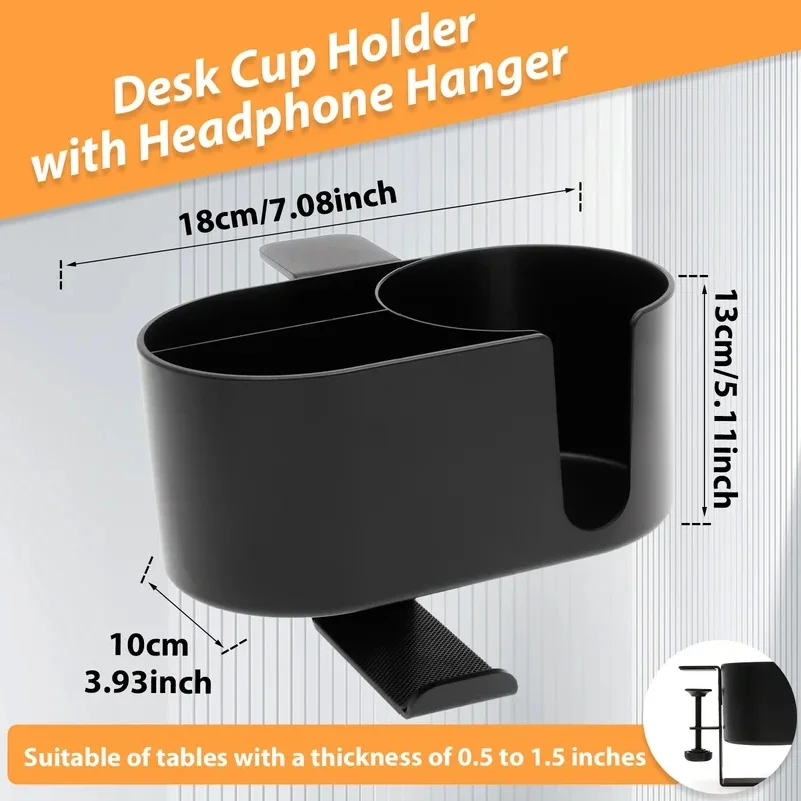 4 in 1 Desk Cup Holder Headphone Hanger Universal Adjustable Leak Proof Clip On Table Coffee Mug Holder Gaming Desk Organizer view 5