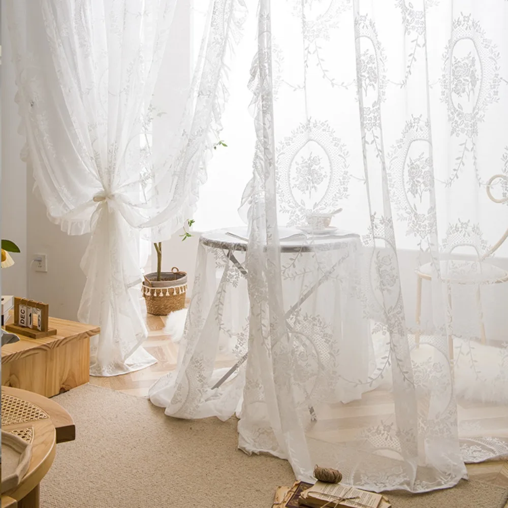 2 Pcs Home Decor Ruffled Edge French Lace Floral Curtain Retro Embroidered Gauze Curtain Rustic Lace Sheer Curtain Living Room