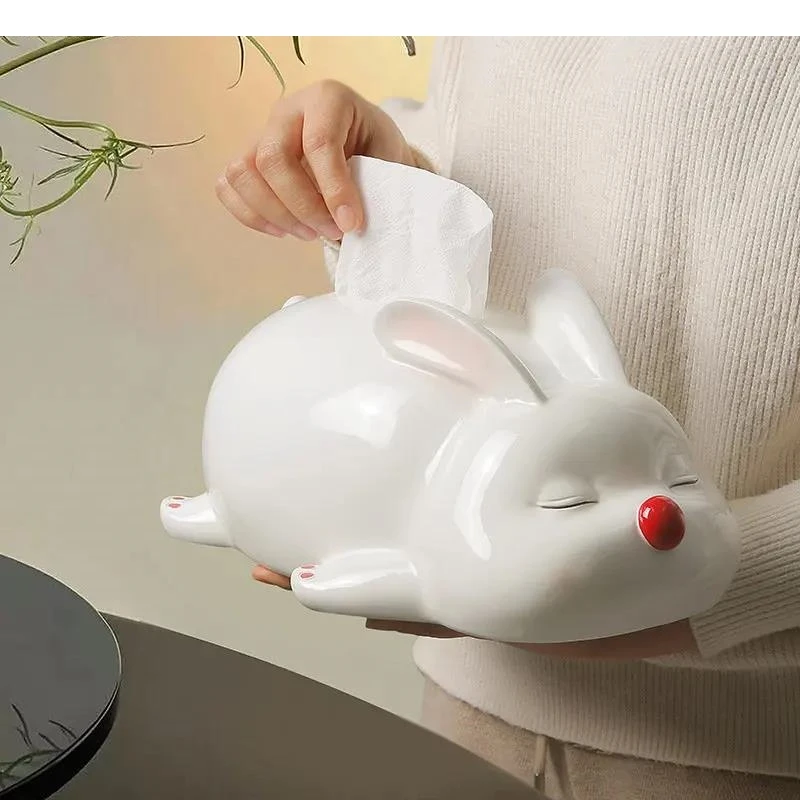 

Cute Rabbit Tissue Box Living Room Table Handicraft Storage White Resin Nordic Home Decoration Art