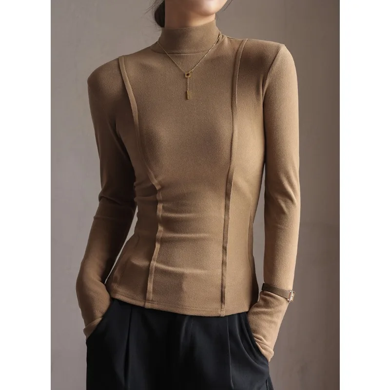 

Осенне-зимняя базовая рубашка с полуводолазкой для женщин, облегающим кроем и длинными рукавами