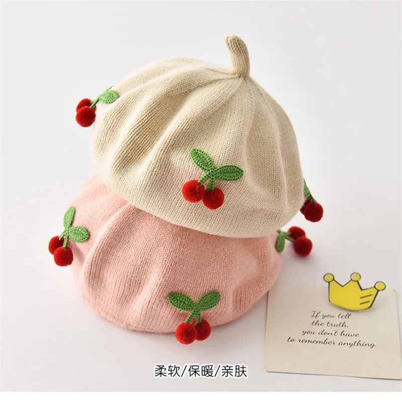 

Fashion Knitted Small Cherry Baby Hat Solid Color Wool Kids Beret Hats