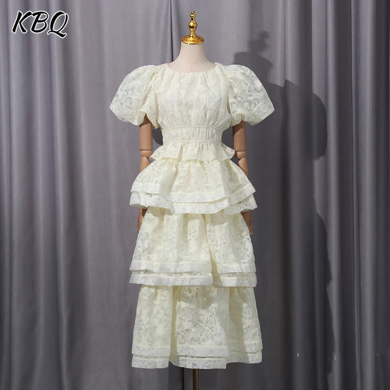 

KBQ Solid Embroidery Two Piece Sets for Women Round Neck Puff Sleeve Short Tops High Waist Spliced Ruffles Skirt Chic Set Female