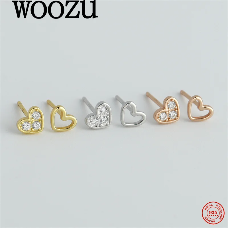 

WOOZU стерлингового серебра 925 пробы, серьги-гвоздики с цирконами для женщин, милые, нежные, полые серьги для пирсинга любви, ювелирные изделия, подарок для девушки