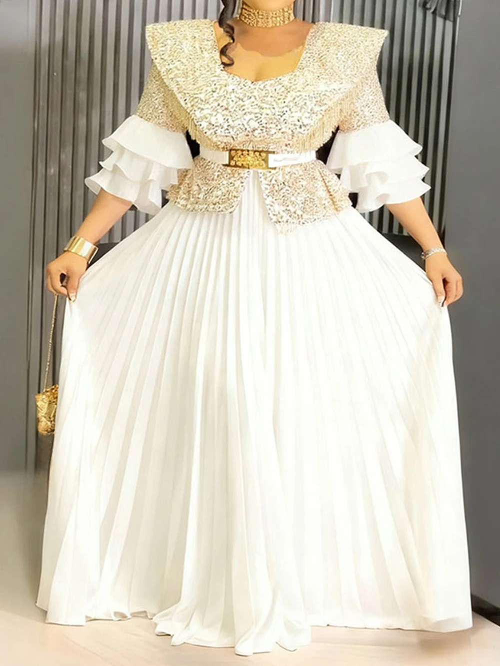 Ruffle Sleeve Dresses For Women Luxury Sequin Pleated Long Dress Wedding Party Evening Gown Birthday Elegant Ladies Clothing