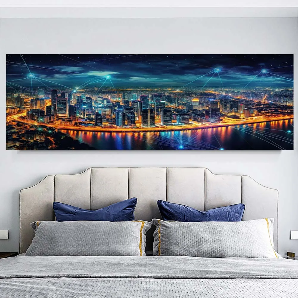 Modern City Landscape Glowing Skyscraper Wall Art, Picture Poster, Living Room Decoration,Home Decor,Bedroom,Canvas Painting