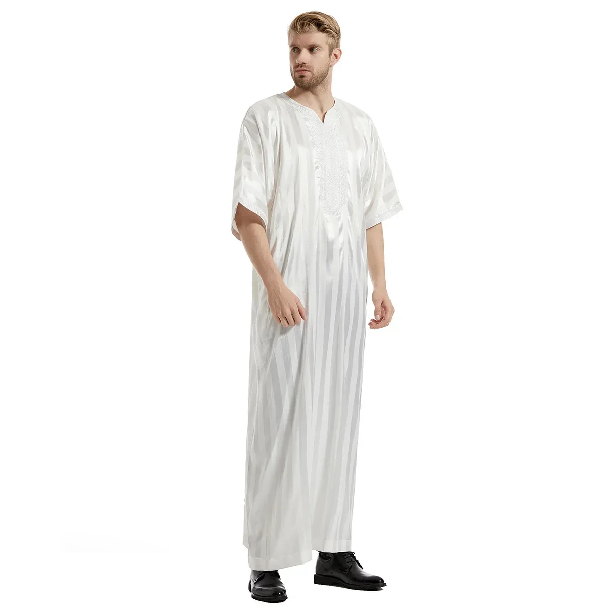 Arab Men New Muslim Striped Mid-sleeved Embroidered Robe Clothing, Dubai, Pakistani, Middle Eastern Muslim Robes, Turkish Muslim