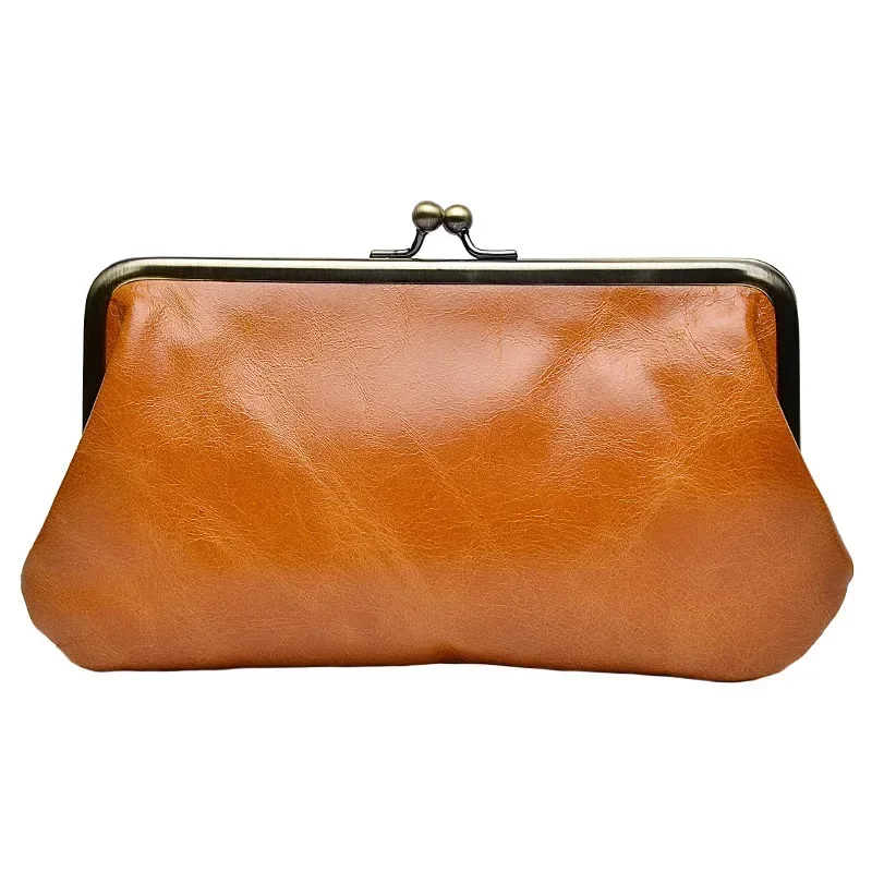 Vintage Leather Clip Purse Women's Long Clip Purse Clutch Bag Organizer Bag with Motor Oil Waxed Cowhide