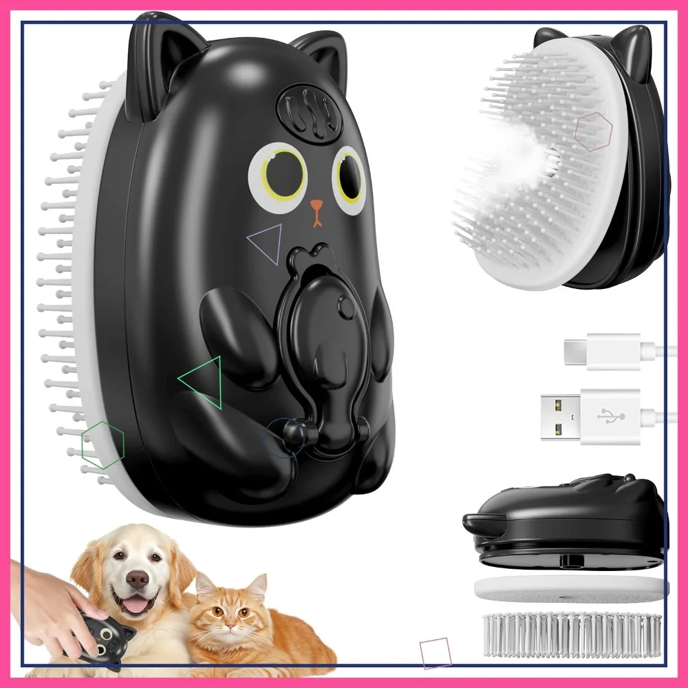 

3 in 1 Pet Steam Brush for Shedding, Dog & Cat Grooming Comb, Long & Short Hair, Defur Comb Black