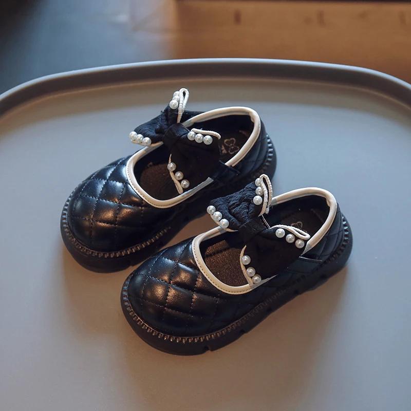 Kinderschoenen Meisje Prinses Schoenstrik Parels Lederen Schattig Meisje Mary Jane Schoen Dikke Soleanti Slip Schoenen