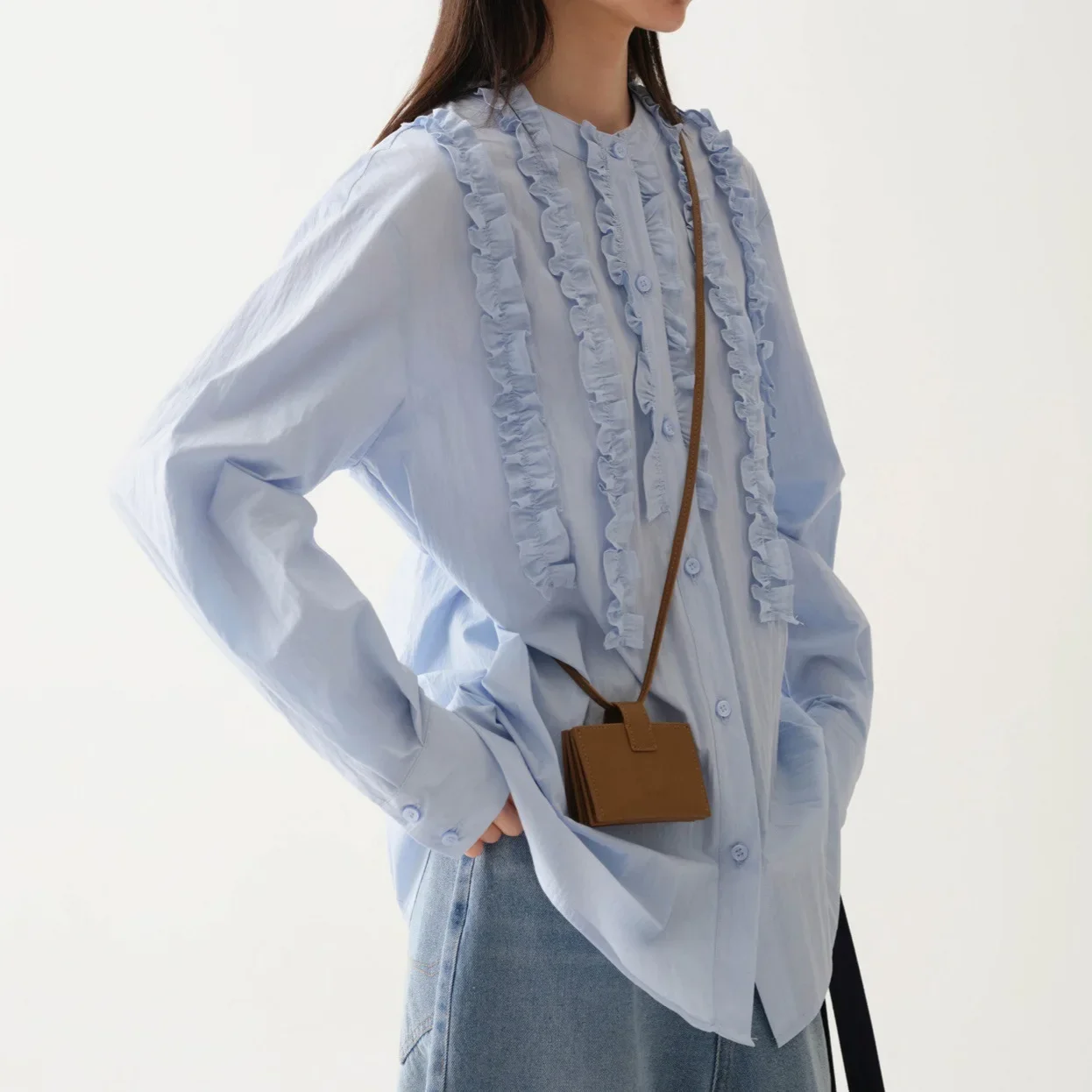 

Женская свободная блузка с длинным рукавом и воланами по краю, синяя, в стиле «лотос», новинка ранней осени 2025