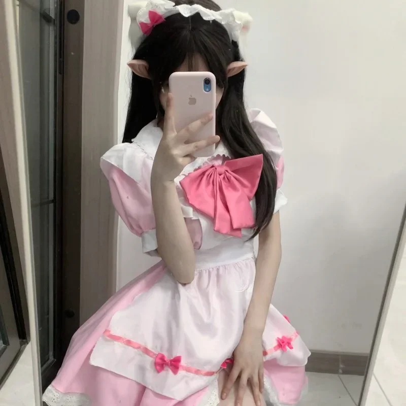 Japanese Soft Girl Maid Cosplay Costume Women Plus Size Gothic Lolita Princess Pink Dress Sweet Bow Love Live Cosplay Uniform