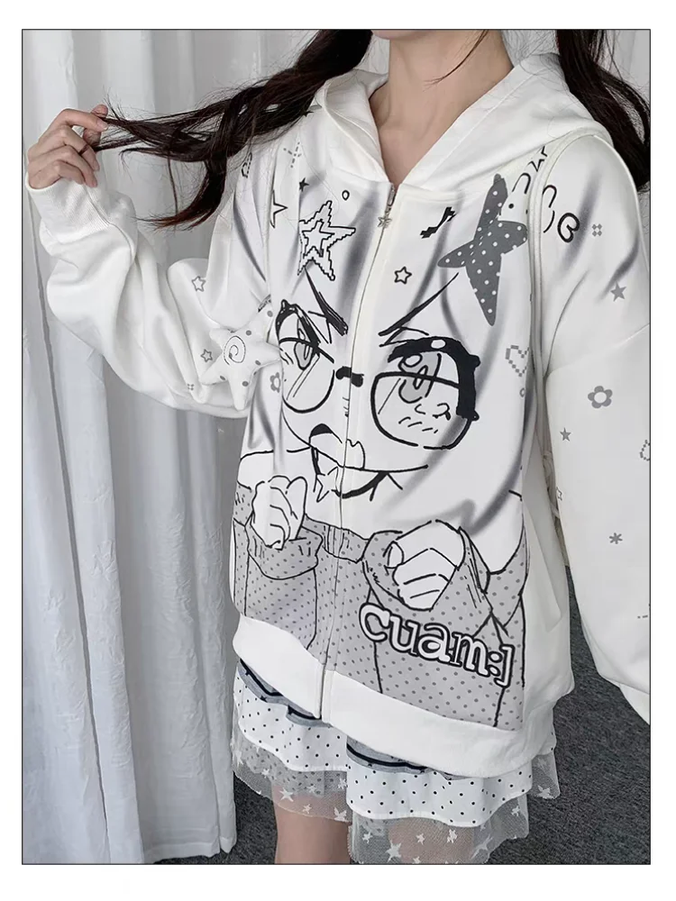 

Women's Anime Cartoon Print Hoodie - Oversized Zip-Up Sweatshirt with Star & Rabbit Details, Kawaii Harajuku Streetwear Spring