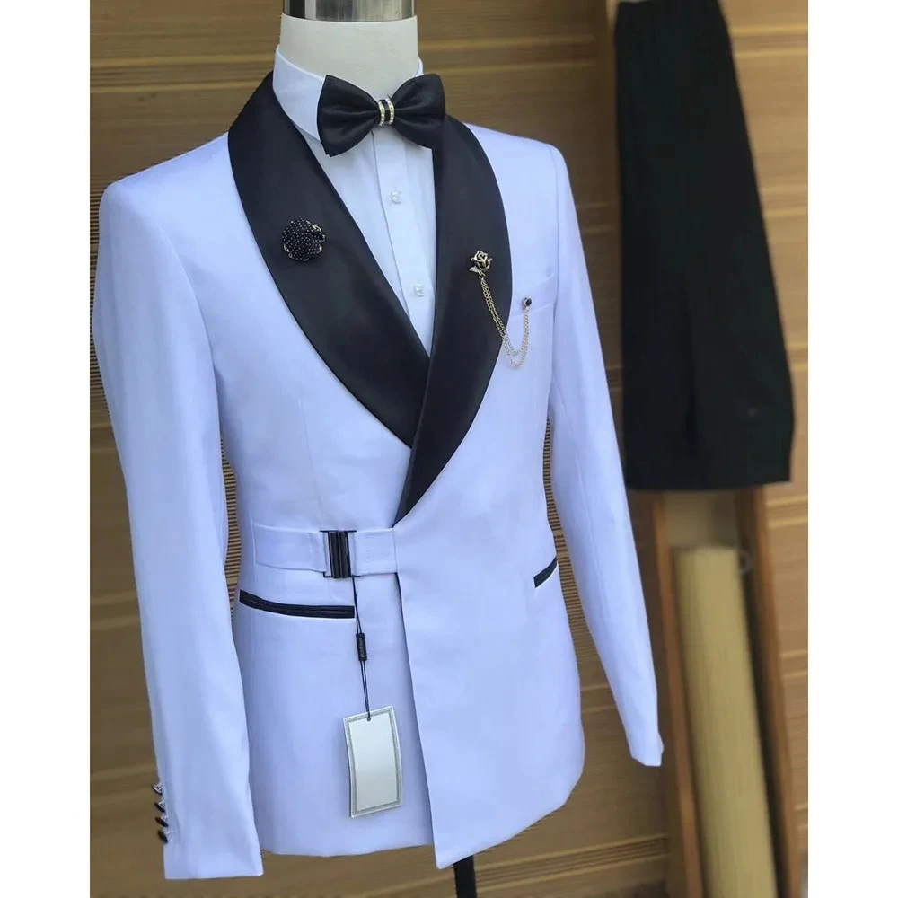 White Jacket Black Pants Sets Men's Suits 2 Pieces Wedding Groom Buckle Outfits Shawl Lapel Slim Fit Tailored Male Clothing