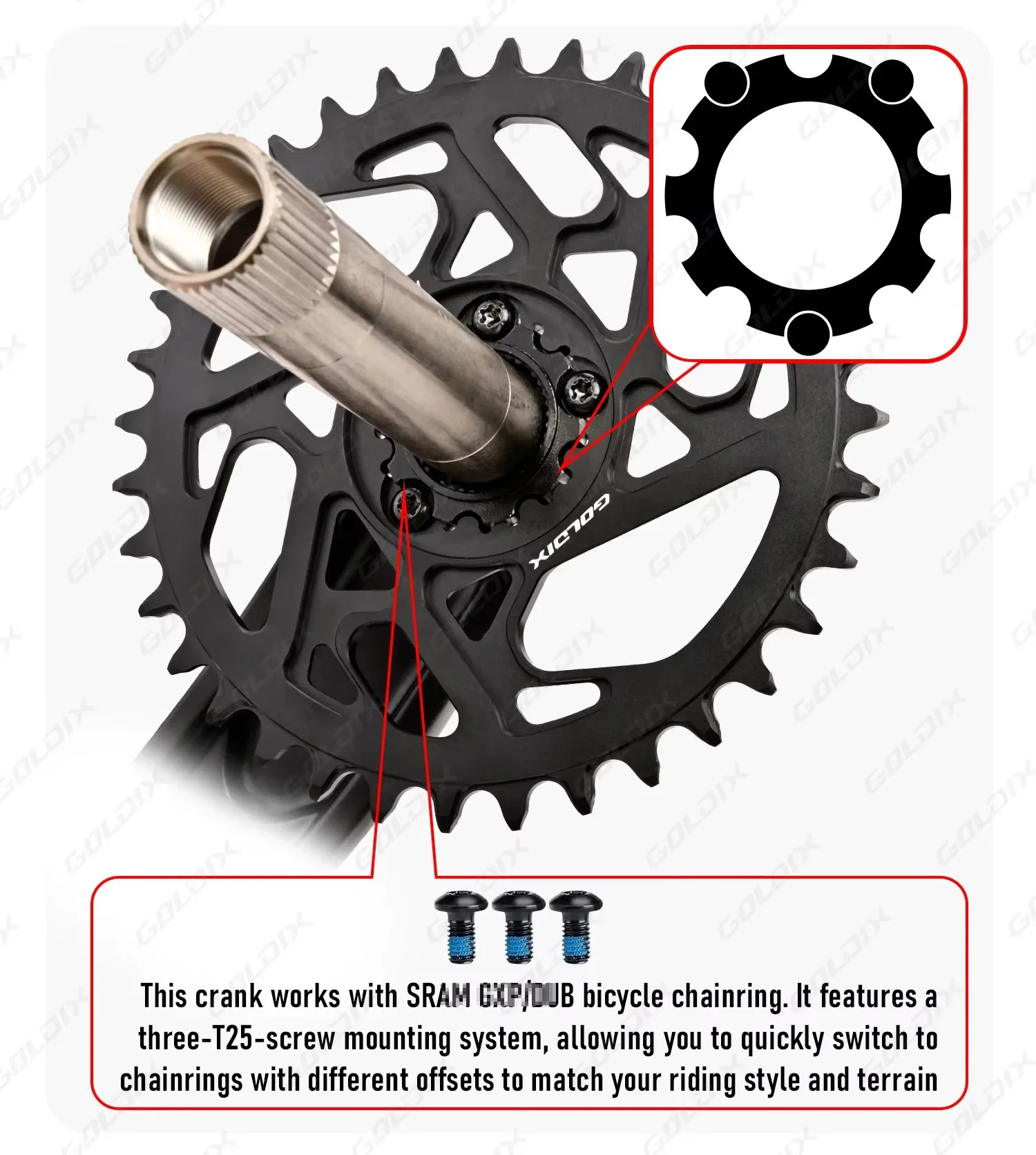 GOLDIX Hochfeste Fahrradkurbelgarnitur 165/170/175mm Geschmiedeter Legierungs-Kurbelarm 3-Bolzen-Direktmontage Schmal-Breit-Kettenblatt für MTB-Fahrrad – Detail 8