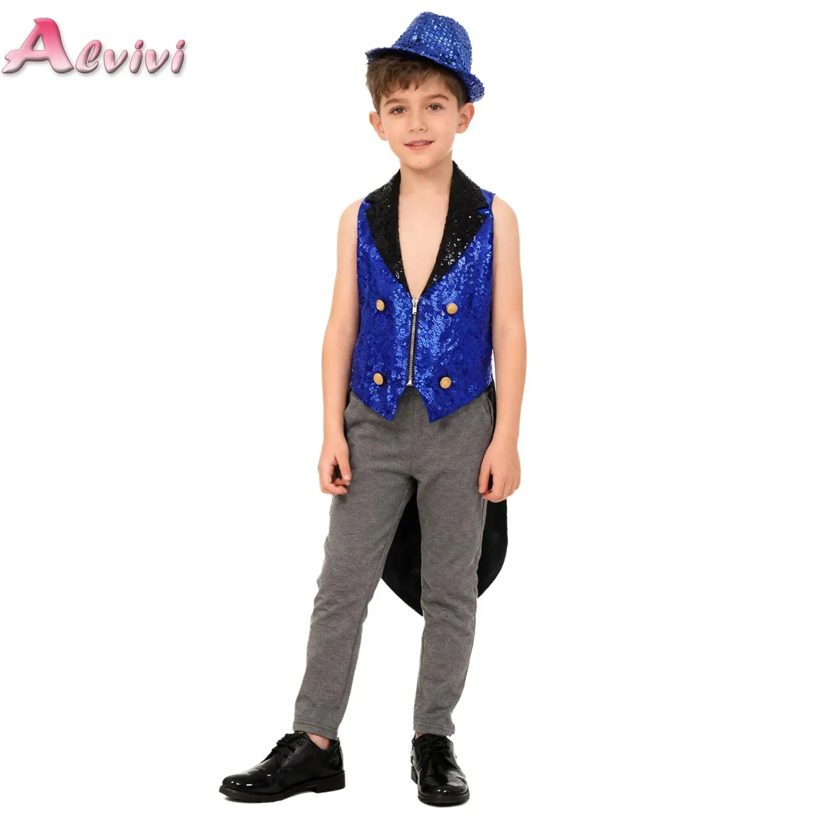 

Kids Sequins Medieval Vest V Neck Victorian Tailcoat with Sequins Magic Hat Jazz Dance Circus Birthday Party Performance Outfit