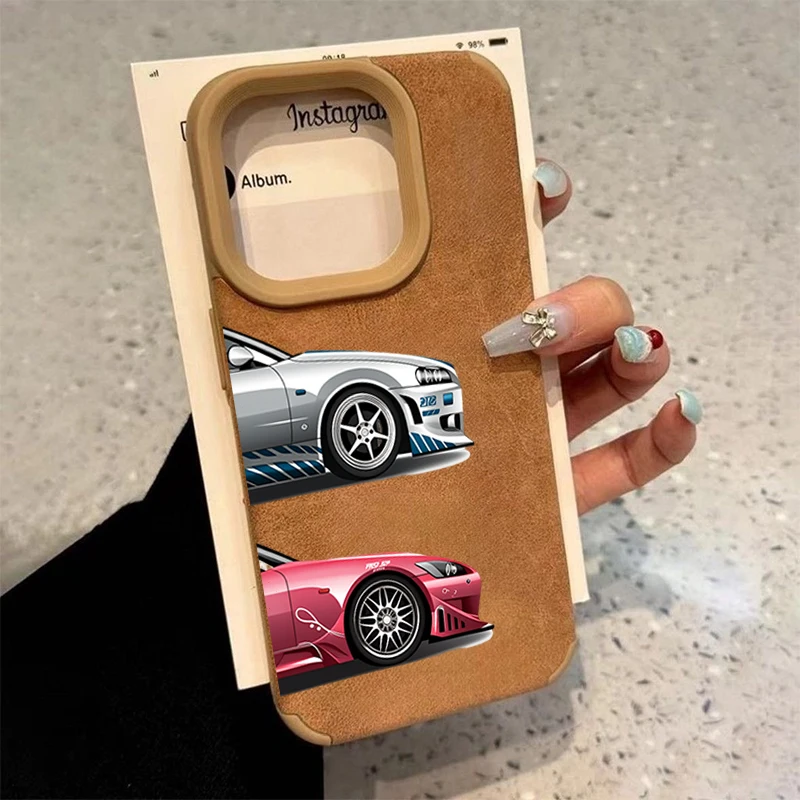 

Red And Silvery Sports Car Themed Pattern Synthetic Leather Phone Case For iPhone 17 16 15 14 13 12 11 Pro Max Plus Air Cover
