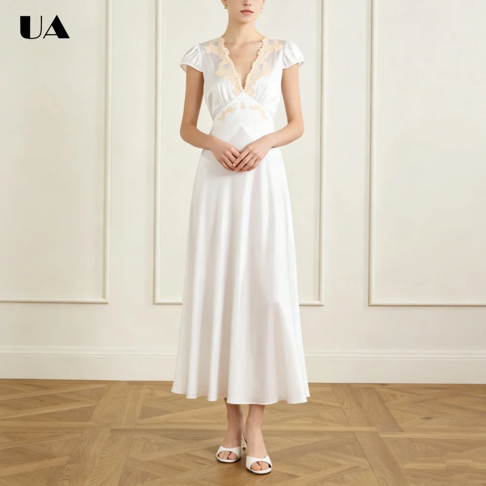 

ULBYANRY Customized Satin Lace Appliques Prom Dress for Woman, Elegant A-line Cap Sleeve Evening Dress, Classic V-neck Ball Gown