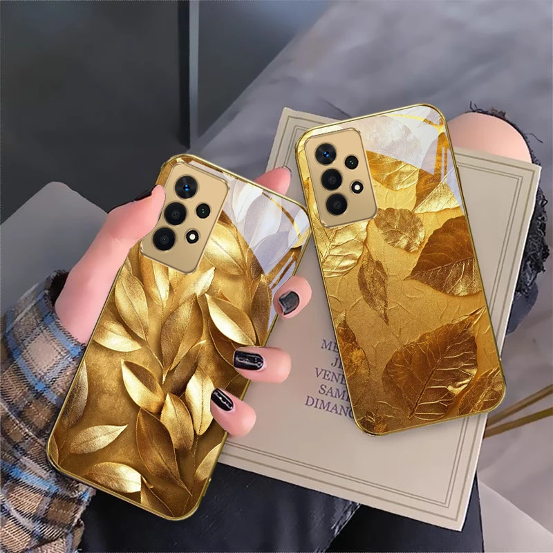 

Golden leaf luster For Samsung A 01 52S A04 A05S A10 A12 A13 22 23 24 36 42 M02 Note 10 20Ultra 8 9 Golden glass phone case