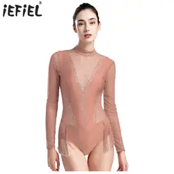 Womens Rhinestones Ballet Latin Dance Leotards Sheer Mesh Long Sleeve Gymnastics Bodysuit Figure Skating Performance Costume