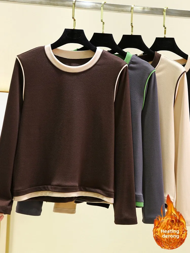 

Thiened Fce round Ne Base irt Женская зимняя самонагревающаяся теплая длинная футболка размера плюс универсальная цветная футболка Blo