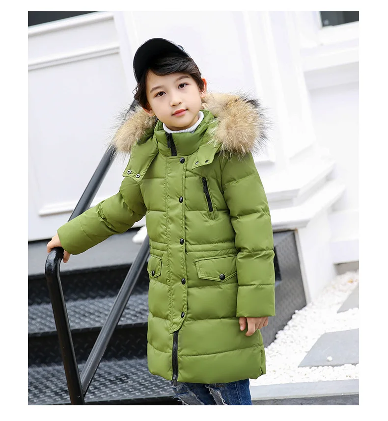 OLEKID 2024 Winter Children Down Jacket For Boys Warm Real Raccoon Fur Hooded Long Boys Outerwear Coat 2-12 Years Kids Jacket