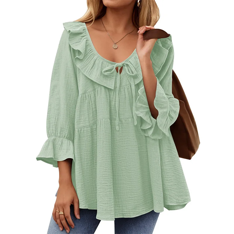 Summer Vintage Short Sleeve Shirt Tops Woman Casual Splicing Blouse Female V-Neck Solid Blusas Stylish Button Cuffs Chemise 2025