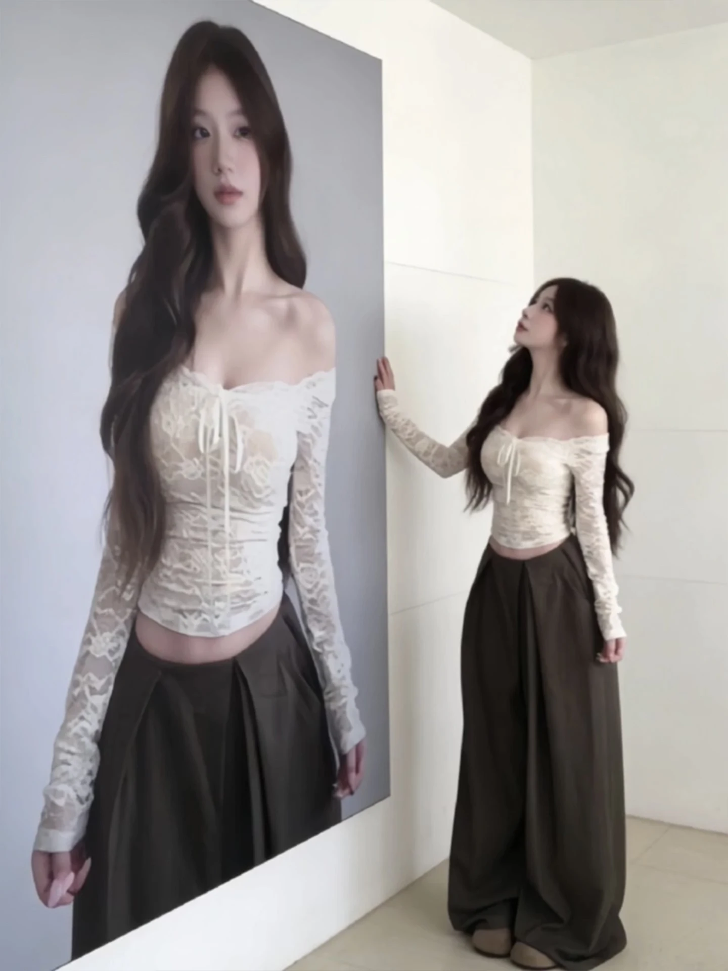 เสื้อยืดคอวีสีขาว แต่งผ้าลูกไม้ แขนยาว ดีไซน์ฤดูใบไม้ร่วงสำหรับผู้หญิง สไตล์เซ็กซี่ บริสุทธิ์ ดูผอมเพรียว รุ่นเกาหลี