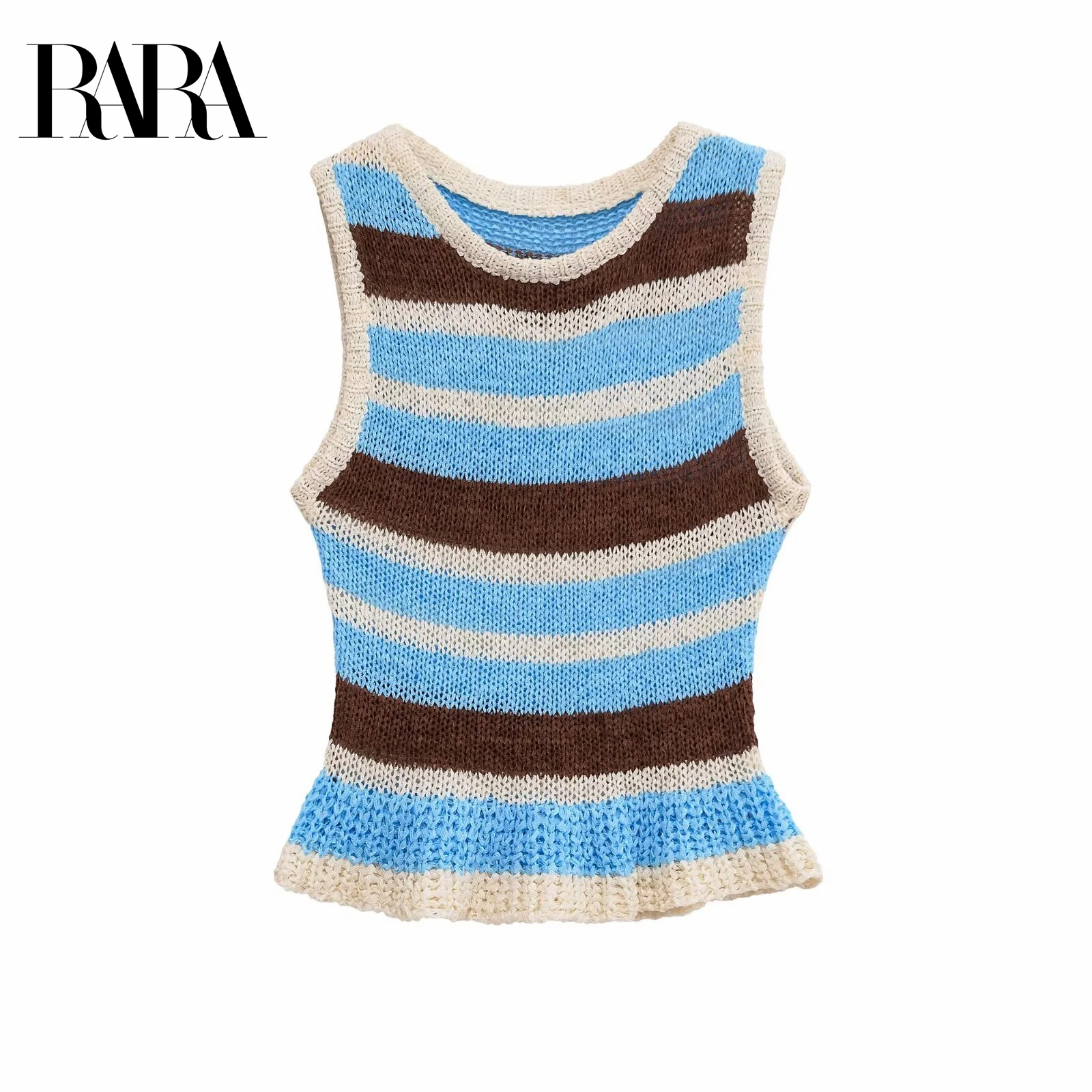 

RARA2025 Women's Summer New Ruffle Hem Casual Elegant Crew Neck Sleeveless Striped Knit Vest Top