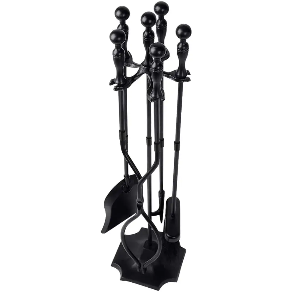 

5 Pcs Fireplace Tools Sets Bla Handle Wrought Iron Large Fire Tool Set And Holder Outdoor Fireset Fire Pit Stand