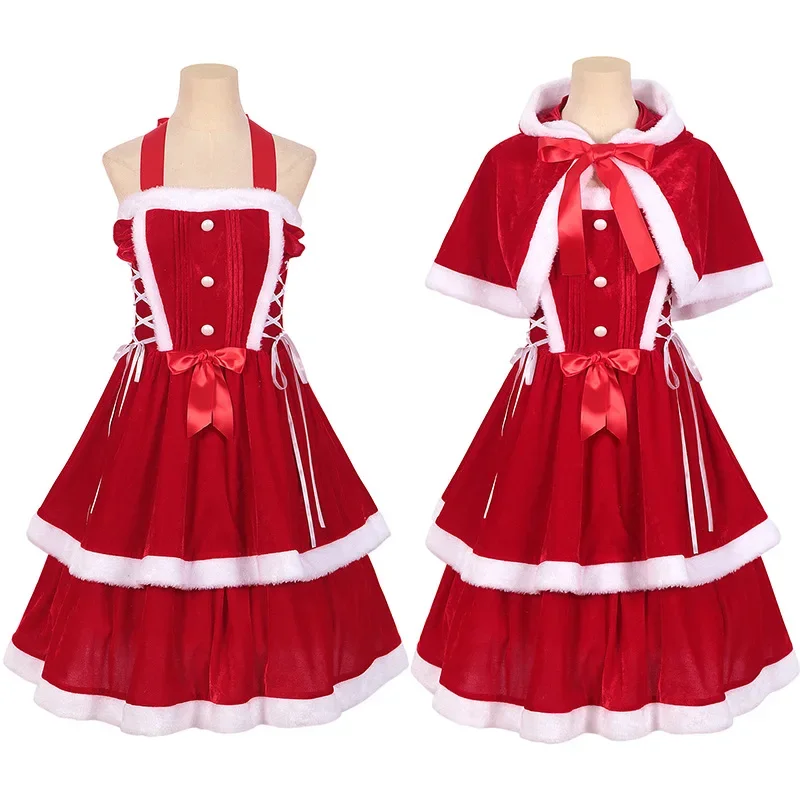 

Christmas Sexy Vintage Medieval Red Velvet Santa Claus Cosplay Costume New Year Xmas Party Mini Fancy Dress