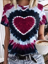 Tie dyeing 3D Print Tshirt Women Summer Heart Pattern All-Over Printed Short Sleeve T-Shirt O-neck Korea Style Female Streetwear